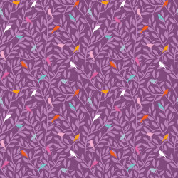 Baumwollpopeline bunte Vögel auf Zweigen - violett