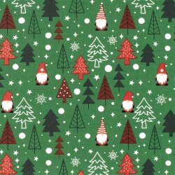 Baumwollpopeline Weihnachtsgnome im Wald - grasgrün