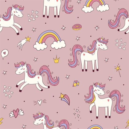 French Terry Digital Regenbogen Einhorn - altrosa