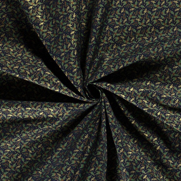 Baumwollpopeline Foliendruck Mistel & Ilex - dunkelblau/gold