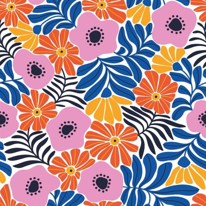 Baumwollpopeline bunte Blumen - königsblau