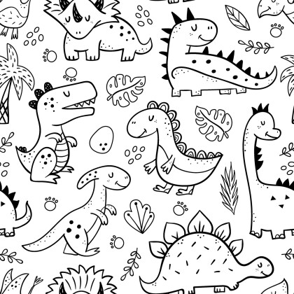 Baumwollpopeline Ausmalstoff Dinowelt - weiss