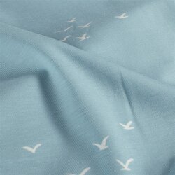 Baumwolljersey kleiner Vogelschwarm - hell jeansblau