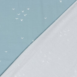 Baumwolljersey kleiner Vogelschwarm - hell jeansblau