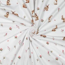 Baumwolljersey Digital Hasen und Blumen - weiß