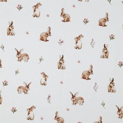 Baumwolljersey Digital Hasen und Blumen - weiß