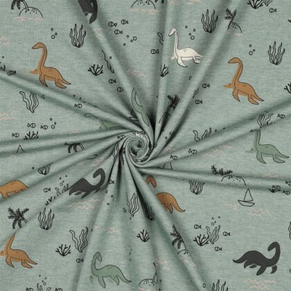 Baumwolljersey Melange Wasser Dinos - altmint meliert