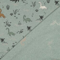 Baumwolljersey Melange Wasser Dinos - altmint meliert