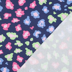 Baumwolljersey Glitzer bunte Leoflecken - dunkelstahlblau