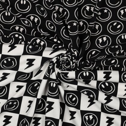 Baumwolljersey Smileys und Blitze - schwarz