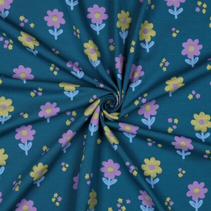 Baumwolljersey Glitzer Blümchen - petrol