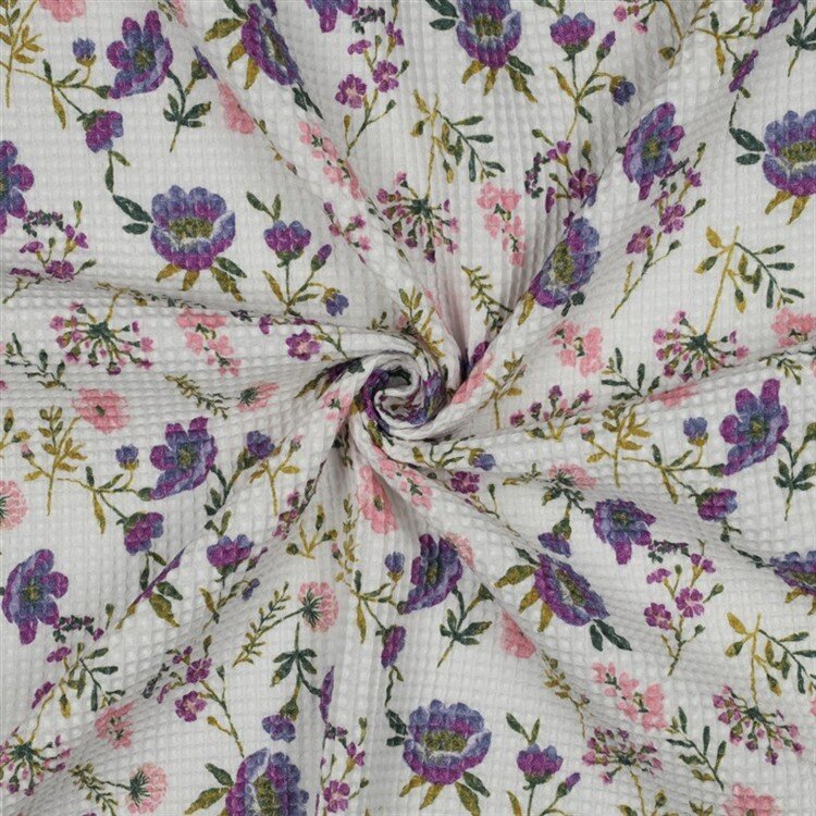 Waffelpiqué Digital lila Blumen - weiß