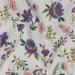 Waffelpiqué Digital lila Blumen - weiß