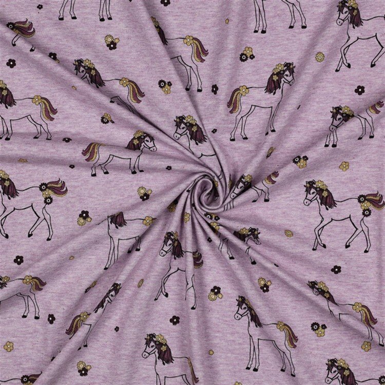 Baumwolljersey Glitzer Blumen-Pferde - helletraube meliert