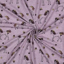 Baumwolljersey Glitzer Blumen-Pferde - helletraube meliert