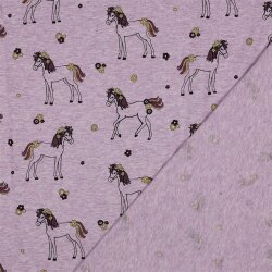 Baumwolljersey Glitzer Blumen-Pferde - helletraube meliert