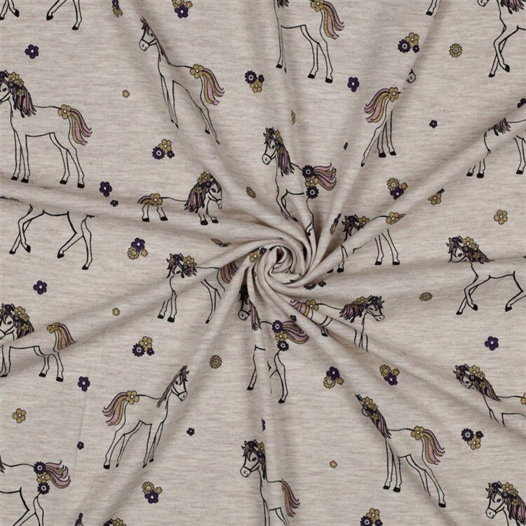 Baumwolljersey Glitzer Blumen-Pferde - hellsand meliert