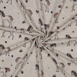 Baumwolljersey Glitzer Blumen-Pferde - hellsand meliert