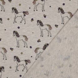 Baumwolljersey Glitzer Blumen-Pferde - hellsand meliert