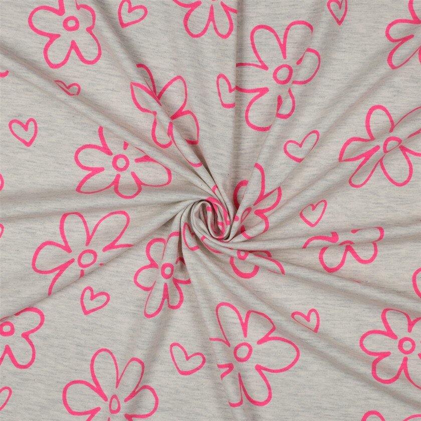 Baumwolljersey Neon Blüten - creme meliert