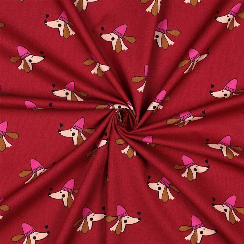 Baumwollpopeline Hunde mit Pudelmütze - weinrot