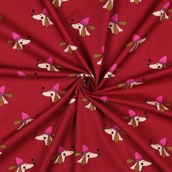 Baumwollpopeline Hunde mit Pudelmütze - weinrot