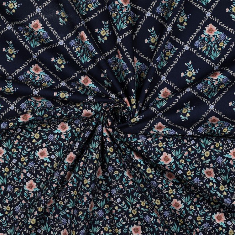 Baumwollpopeline Digital Blumenmuster Rauten - nachtblau