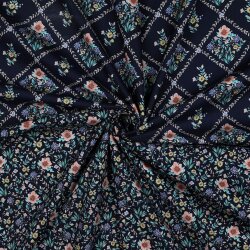 Baumwollpopeline Digital Blumenmuster Rauten - nachtblau