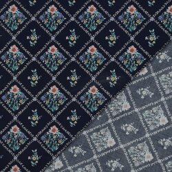 Baumwollpopeline Digital Blumenmuster Rauten - nachtblau