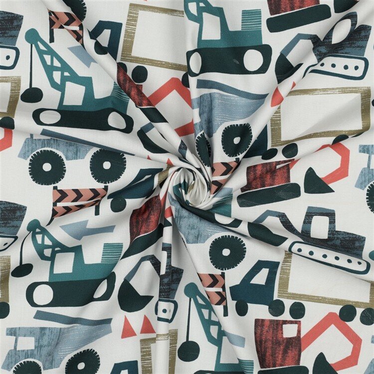 Baumwollpopeline Digital Baufahrzeuge - altweiß