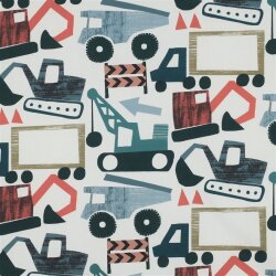 Baumwollpopeline Digital Baufahrzeuge - altweiß