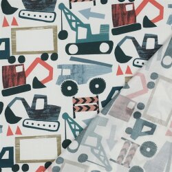 Baumwollpopeline Digital Baufahrzeuge - altweiß