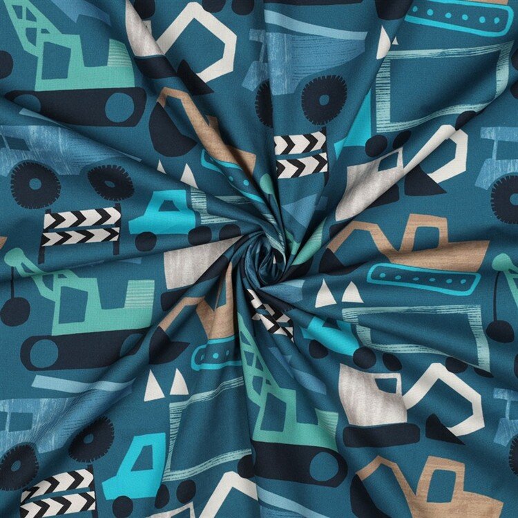 Baumwollpopeline Digital Baufahrzeuge - petrol