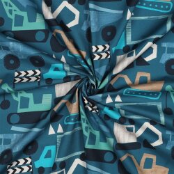 Baumwollpopeline Digital Baufahrzeuge - petrol