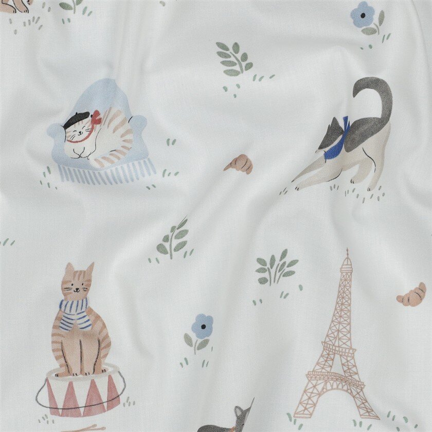 Baumwollpopeline Digital Katzen in Paris - weiß