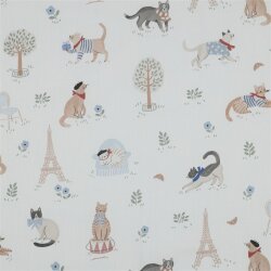 Baumwollpopeline Digital Katzen in Paris - weiß