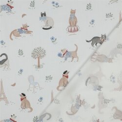 Baumwollpopeline Digital Katzen in Paris - weiß