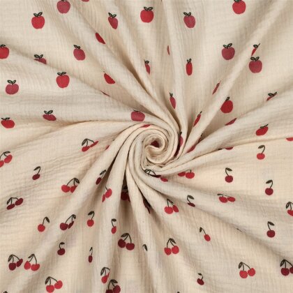 Musselin rote Kirschen - hellbeige