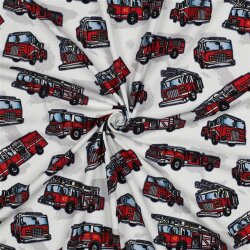 Baumwolljersey Digital Feuerwehrfahrzeuge - altweiß