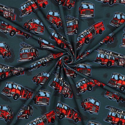 Baumwolljersey Digital Feuerwehrfahrzeuge - petrol