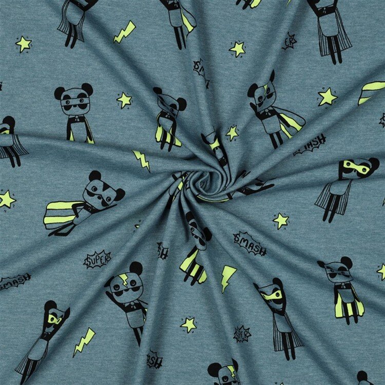 Baumwolljersey Neon Superhelden - rauchblau meliert