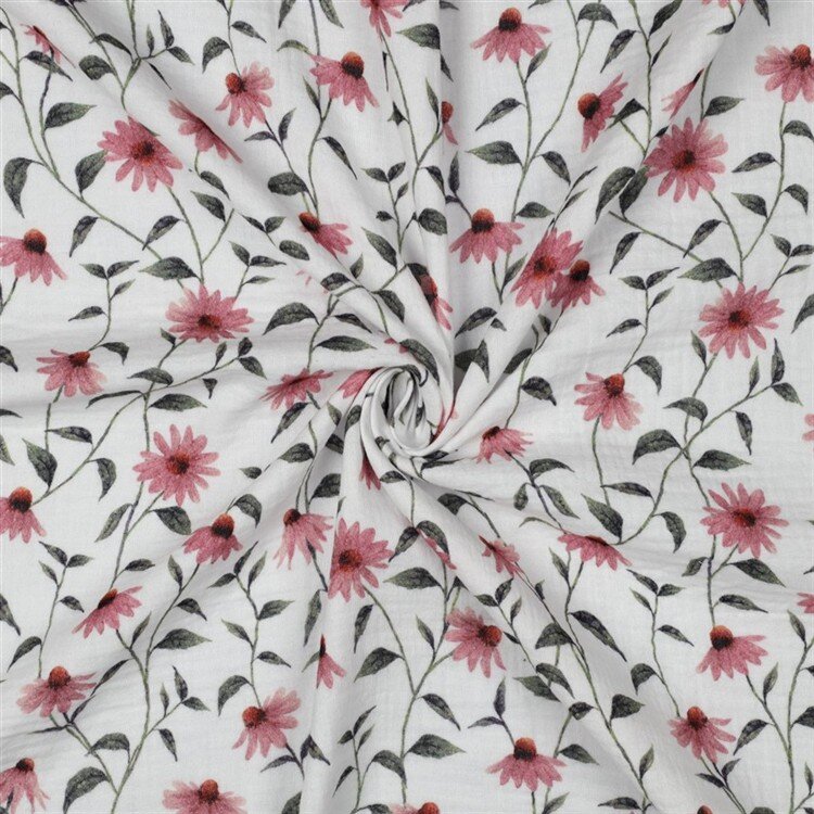 Musselin Organic Digital rosa Blumen - weiß