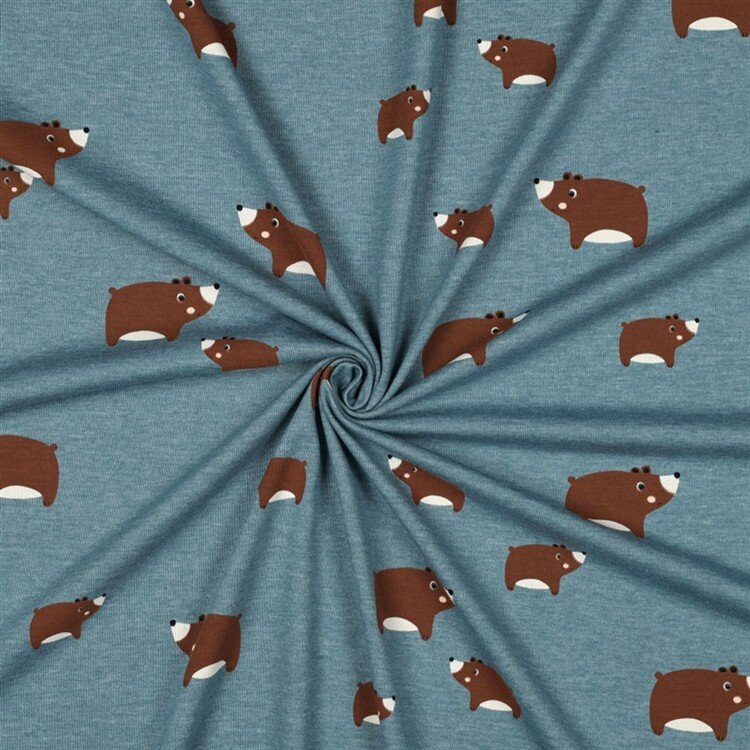 Baumwolljersey süße Bären - rauchblau meliert