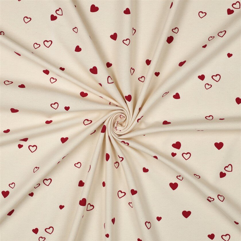 Baumwolljersey Bio~Organic Herzregen - natur/rot
