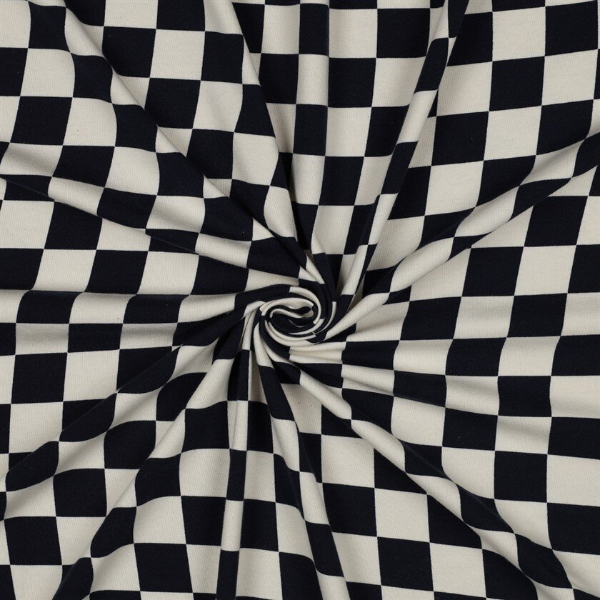 Baumwolljersey  Bio~Organic Schachbrettmuster - natur/nachtblau