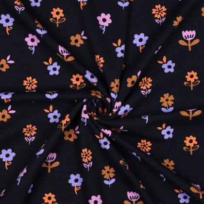 Waffeljersey bunte Blumen - dunkelblau