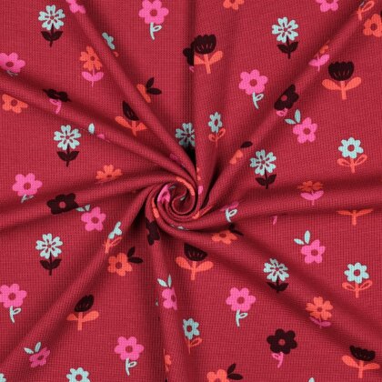 Waffeljersey bunte Blumen - dunkelrot