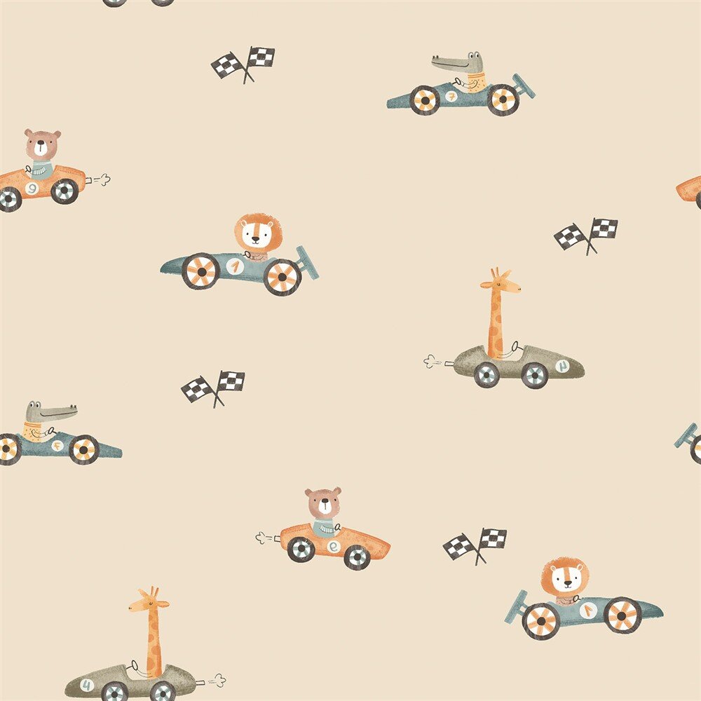 Regenjackenstoff Digital Tiere in Rennwagen - sandbeige