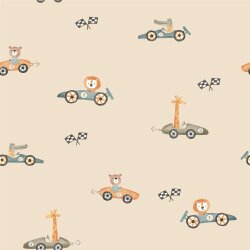 Regenjackenstoff Digital Tiere in Rennwagen - sandbeige