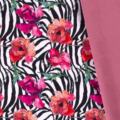 0,7 Meter - Softshell Digital Zebramuster mit Blumenranken- creme